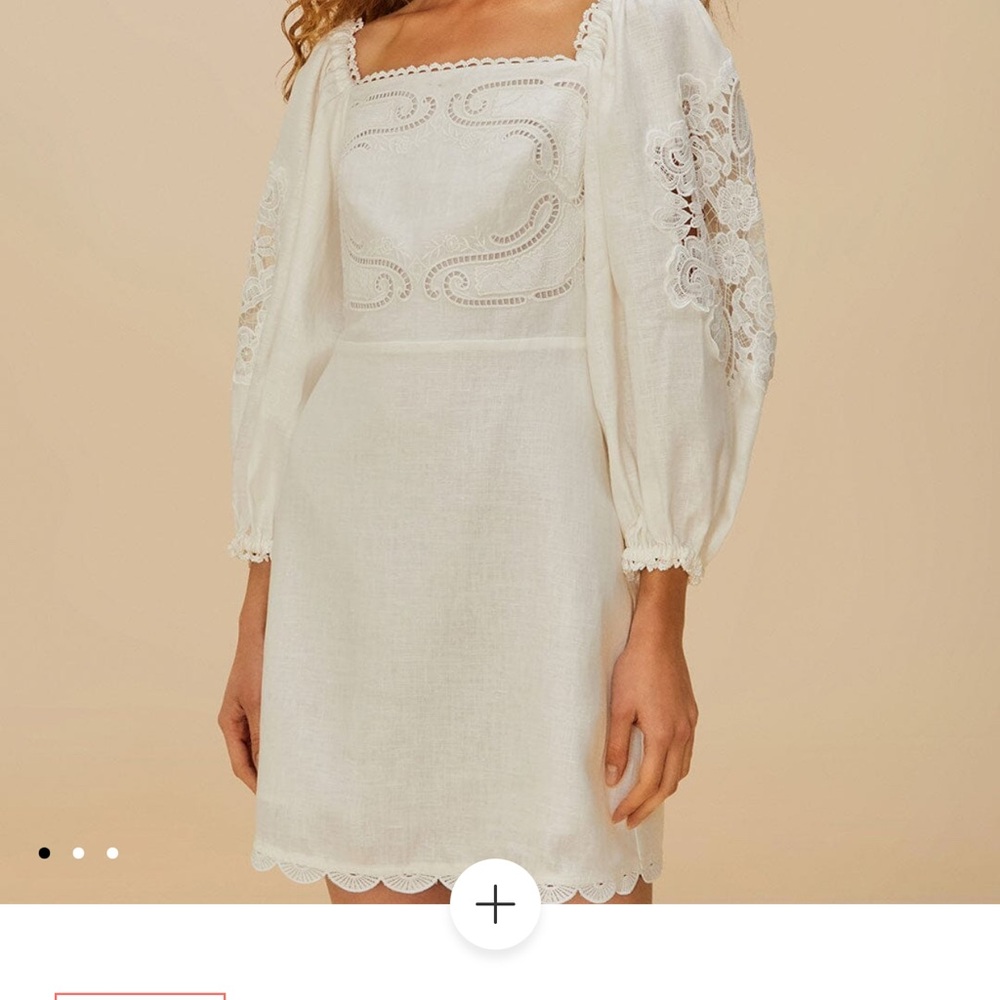 NWT FARM Rio Embroidered White Mini Dress with 3/4 Sleeves in Flax Linen. Size M